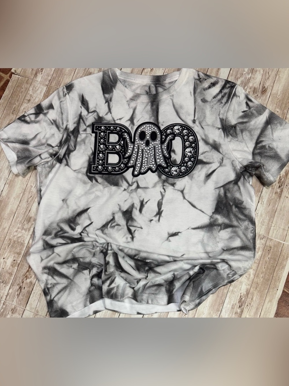 White with black spray paint BOO Rhinestone glitter Shirt XL